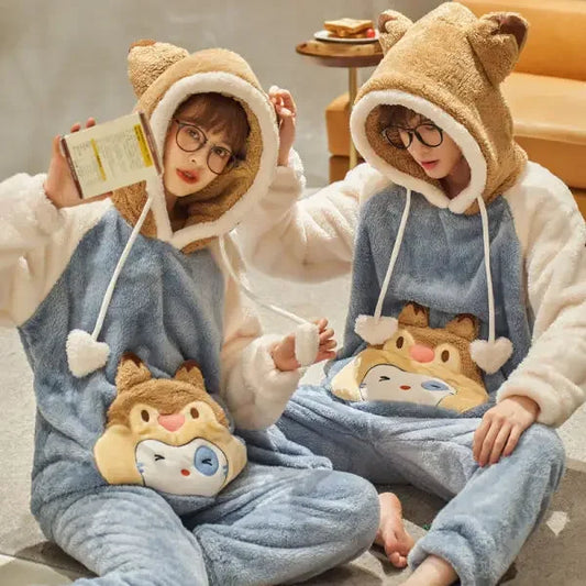 Cartoon Owl Inspired Thick Fleece Warm Cozy Couple Pajama Lounge Set