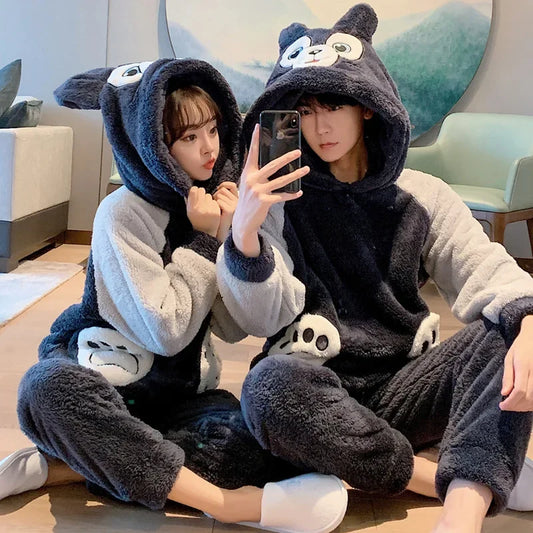 Cartoon Black Bear Inspired Soft Fleece Winter Couple Pajamas Loungewear Set